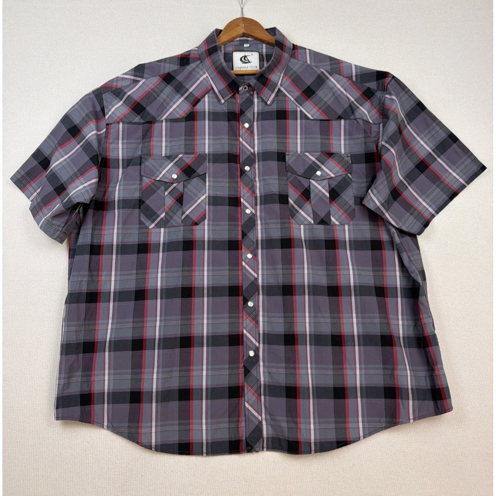Coevals Club Men's Western Pearl Snap Gray Red Plaid Shirt 4XL Short Sleeve